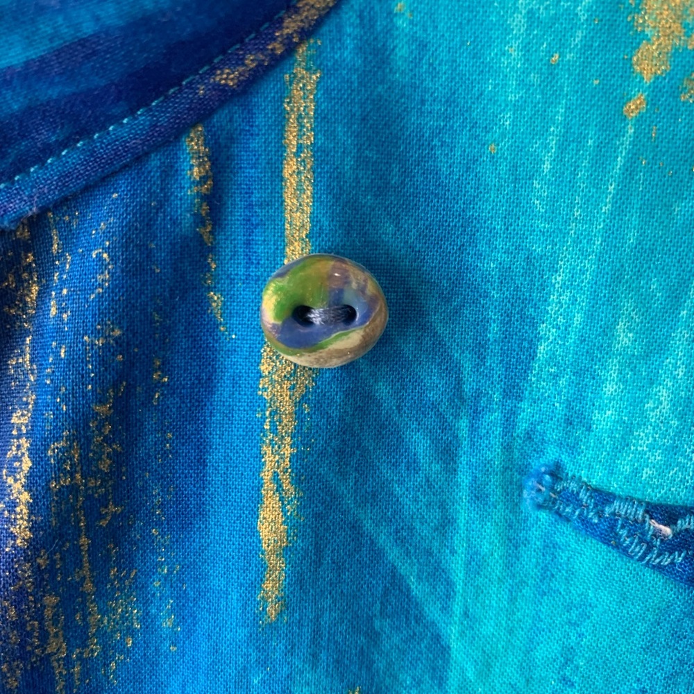Abstract Art-To-Wear Blue Purple Button Front Artsy Boho Blouse - Picture 9 of 11
